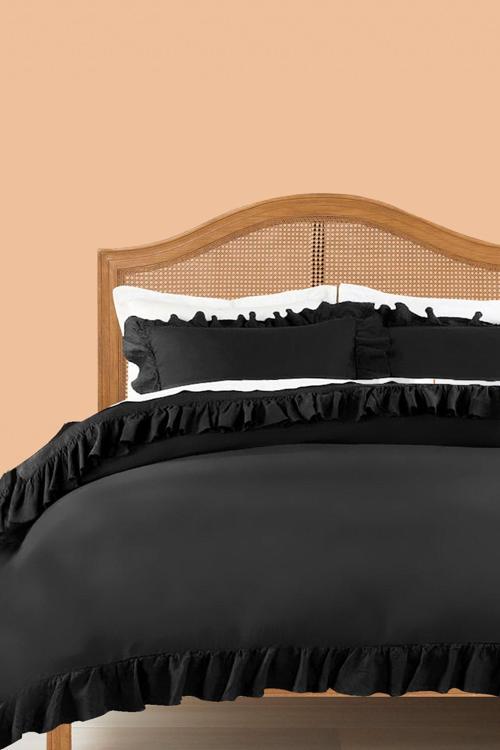 Farbalalı / Fırfırlı %100 Pamuklu Siyah Vintage King Size Battal Boy Çift Kişilik Nevresim Takımı