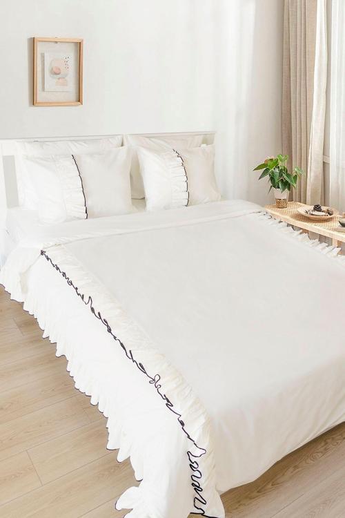 King Size Battal Boy Çift Kişilik Fırfırlı Pamuklu Vintage Otel Serisi Düz Nevresim Takımı