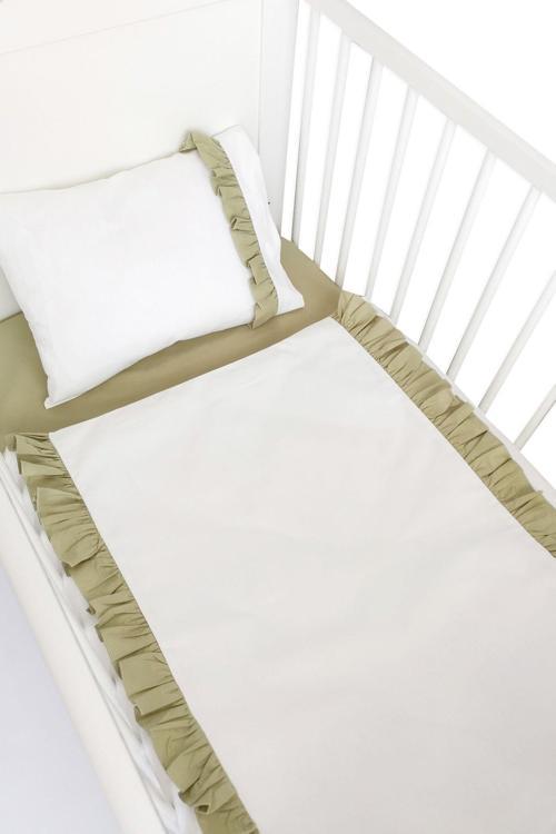 100x150 Bebek/çocuk Fırfırlı %100 Pamuklu Nevresim Takımı Kırık Beyaz-yeşil
