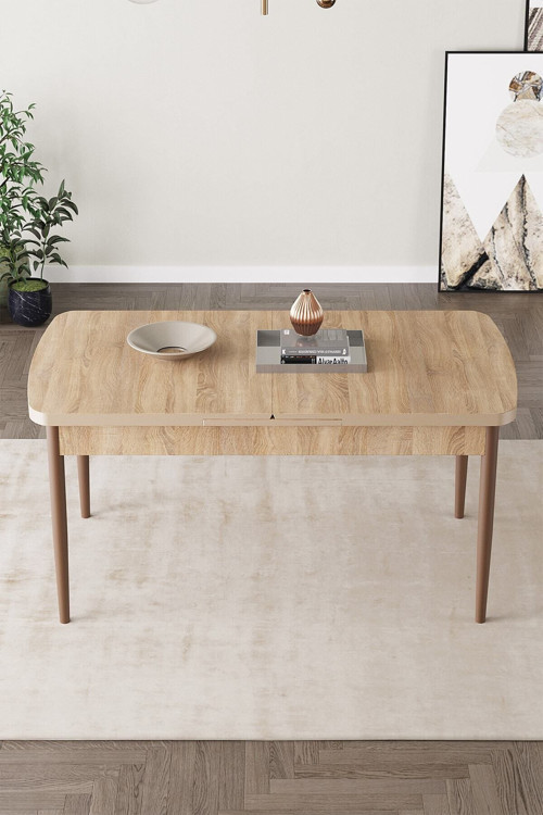 Fiona 80X132 Mdf Meşe Masa Metal Ayaklı Açılabilir Üst Kalite Mutfak Masası