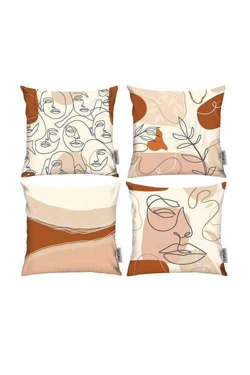 Piamom İskandinav, Cozy, Yüzlü, Modern Çift Tarafı Baskılı 4'lü 43x43 Kırlent Kılıfı Krem, Siyah, Somon