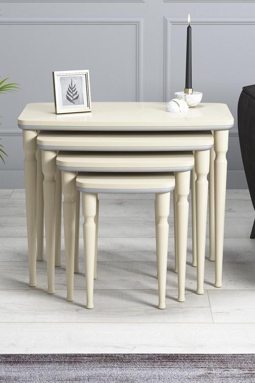 Imaj Mdf Ve Lake Boya, Krem-Gümüş 4Lü Zigon Sehpa Takımı, Krem Gürgen Ayaklar