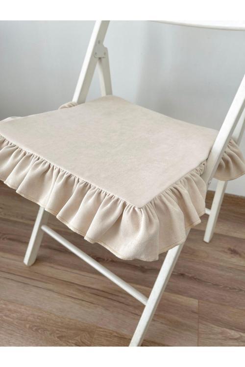 Fırfırlı Krem Vintage, Country, Bohem, Rustik Fırfırlı Iskandinav Sandalye Minderi