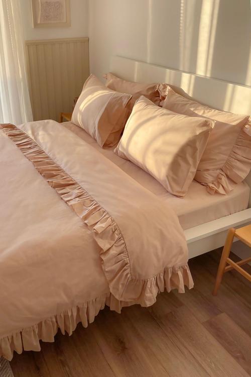 King Size Battal Boy Çift Kişilik Toprak Rengi Fırfırlı Pamuklu Vintage Otel Serisi Nevresim Takımı