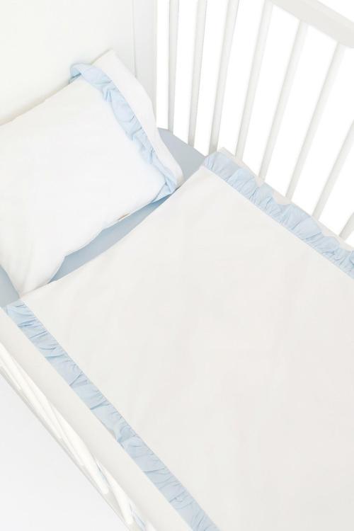 100x150 Bebek/çocuk Fırfırlı %100 Pamuklu Nevresim Takımı Kırık Beyaz-mavi