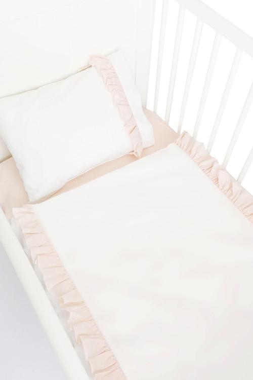 100x150 Bebek/çocuk Fırfırlı %100 Pamuklu Nevresim Takımı Kırık Beyaz-somon/pudra