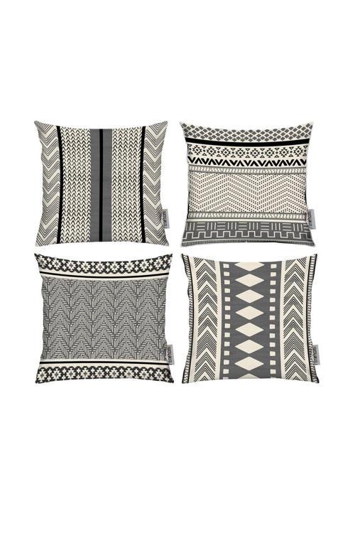 İskandinav, Cozy, Bohem, Modern Çift Tarafı Baskılı 4'lü 43x43 Kırlent Kılıfı Krem, Siyah. Gri