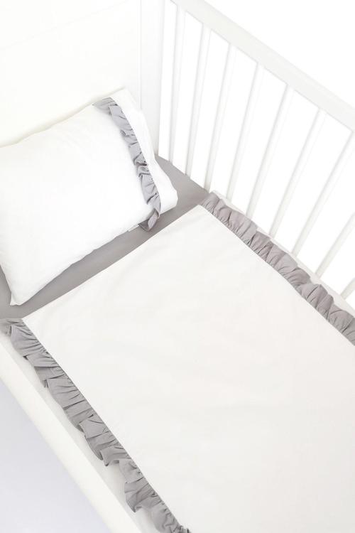 100x150 Bebek / Çocuk Fırfırlı %100 Pamuklu Nevresim Takımı Kırık Beyaz-gri