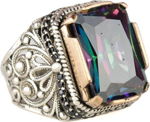 925 Ayar Gümüş Yüzük, Doğal Olmayan Mystic Topaz Taşlı Gümüş Yüzük, Mystic Topaz Gümüş Erkek Yüzük (Özelleştirilebilir)