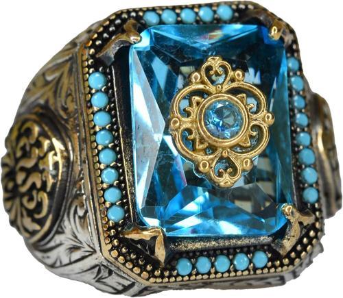 Erkekler için 925 Ayar Gümüş Yüzük Mavi Topaz Yapay Taşlı