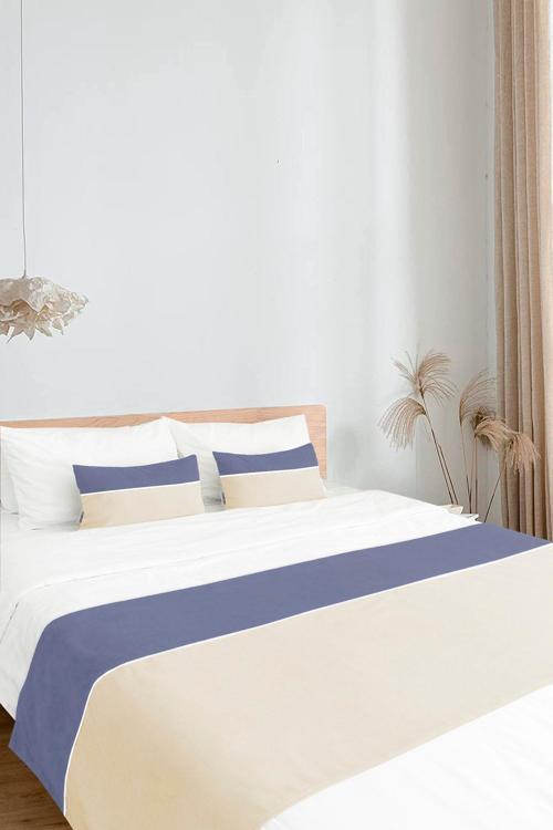 Yatak Runner & Iç Dolgulu Kırlent Seti Çift Kişilik Biyeli Krem/indigo Mavi, Çeyiz, Yatak Örtüsü