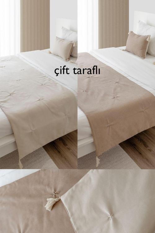 Çift Taraflı Krem/toprak Yatak Runner & Iç Dolgulu Kırlent Seti Çift Kişilik Çeyiz Püsküllü Country