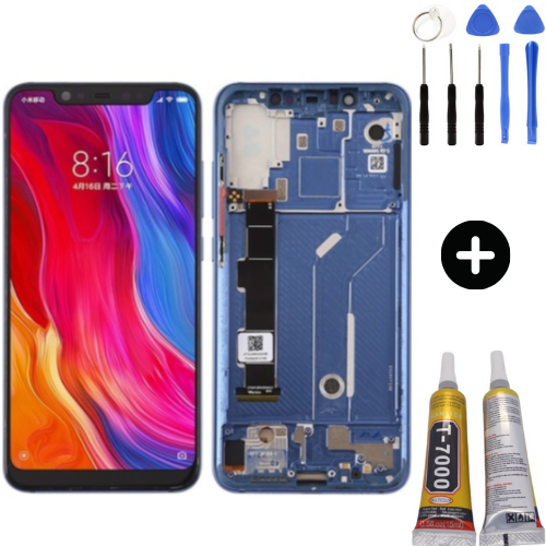Xiaomi Mi 8 Uyumlu Çıtalı A Kalite Lcd Ekran Dokunmatik Mavi + Montaj Seti