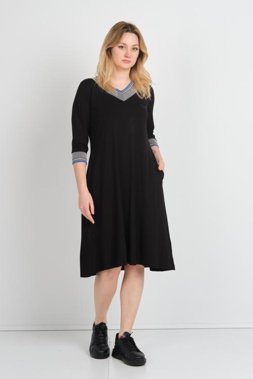 Kadın V Yaka Yarım Kol Kelebek İşlemeli Çift Cepli Elbise 24426 Siyah