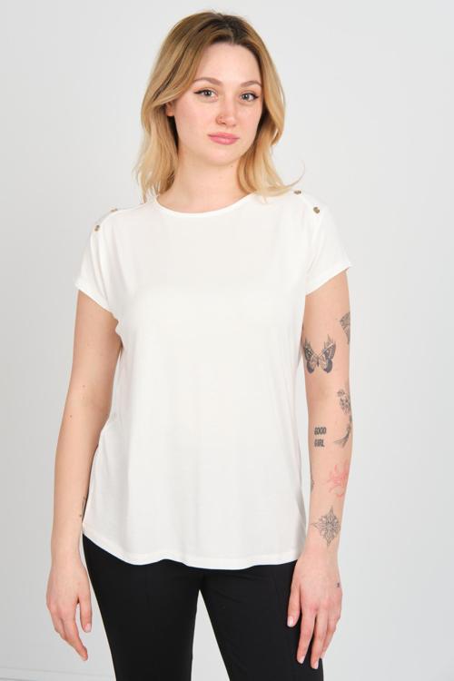 Kadın Kısa Kollu Omuzları Süs Düğmeli Bisiklet Yaka Bluz 24157 Ekru