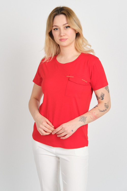 Kadın Kapak Cepli Bisiklet Yaka Kısa Kollu Bluz 4144 Kırmızı