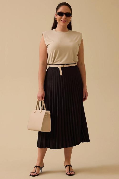 Galaxi Kadın Büyük Beden Pliseli Midi Etek 4003 Siyah