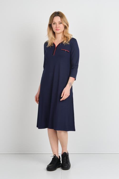 Kadın V Yaka Süs Cepli Truvakar Kol Elbise 24444 Lacivert