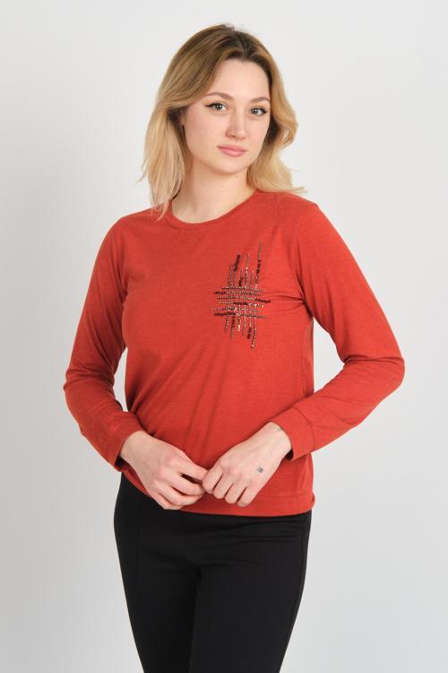 Kadın Taş ve Boncuk Süslemeli Uzun Kollu Bluz 24589 Kiremit