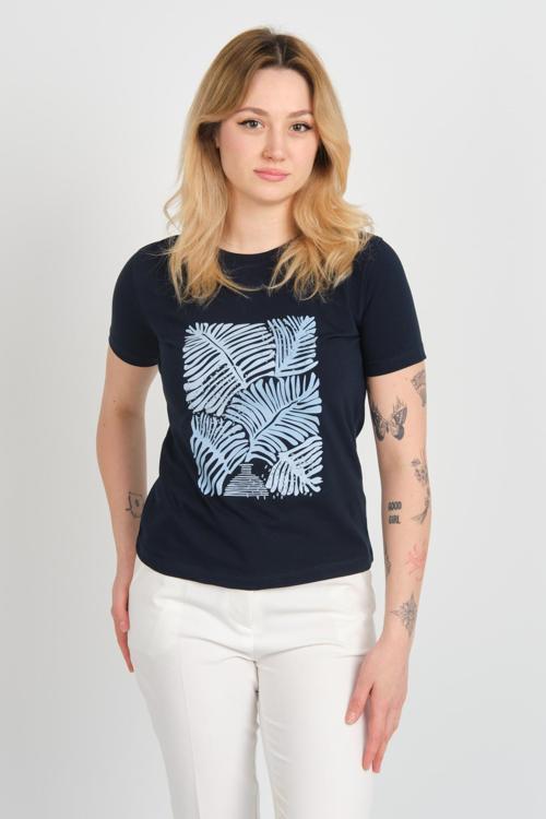 Kadın Baskı Desenli Kısa Kollu Pamuklu Bluz 24099 Lacivert