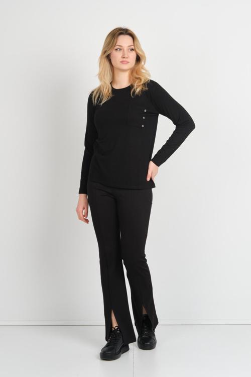 Kadın Tek Cepli Bisiklet Yaka Uzun Kol Bluz 24525 Siyah