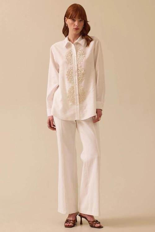 Kadın Dantel Detaylı Düğmeli Keten Gömlek 0029 Ekru