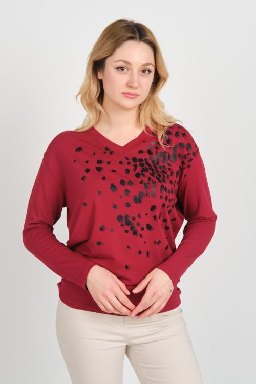 Kadın V Yaka Desenli Uzun Kol Bluz 24579 Bordo