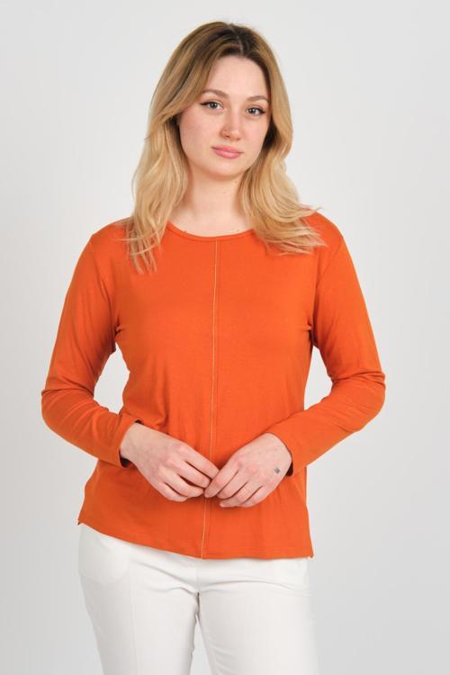 Kadın Ön Kısım İnce Parlak Şeritli Arkası Süs Düğmeli Uzun Kol Bluz 3319 Kiremit