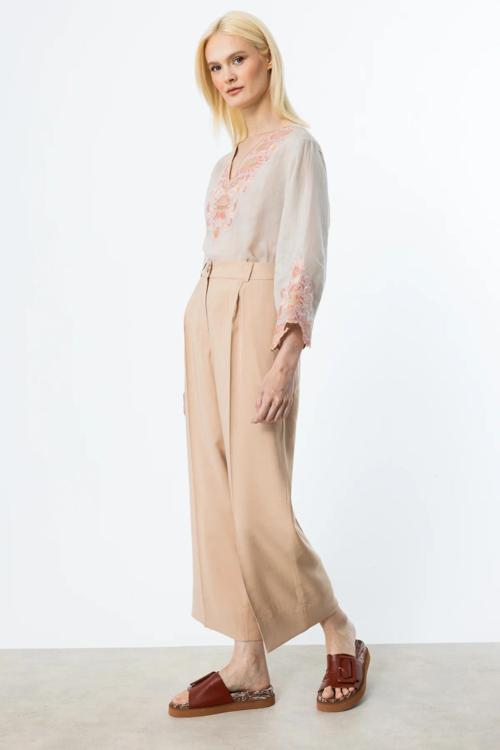 Kadın Tek Pile Bol Paça Pantolon 2106 Kum