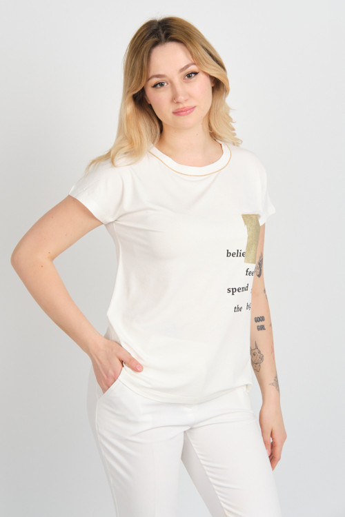 Kadın Yazı Baskılı Süs Cepli Bisiklet Yaka Bluz 24238 Ekru