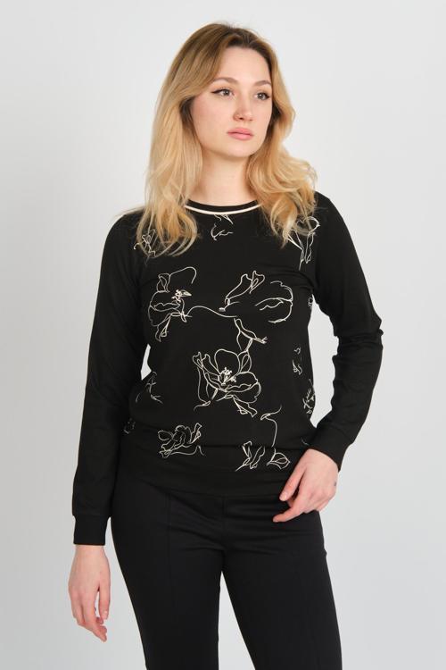 Kadın Desenli Bisiklet Yaka Uzun Kol Bluz 24611 Siyah