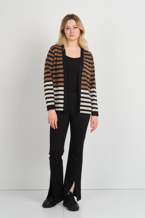 Kadın Çizgili Düğmesiz Ceket 24908 Vizon