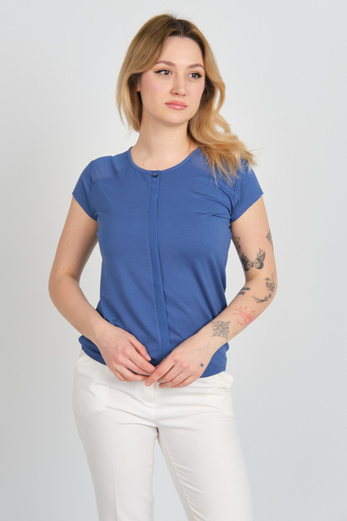 Kadın Sırt ve Omzu Tül Detaylı Beli Lastikli Bisiklet Yaka Bluz 23064 Indigo
