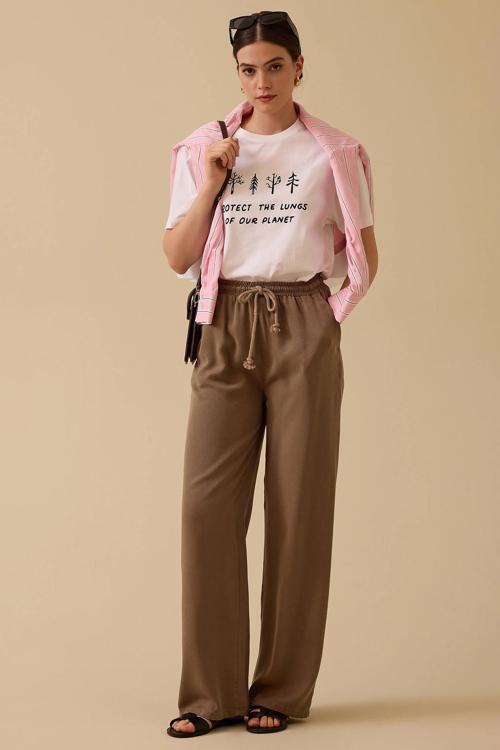 Kadın Bağcıklı Cepli Rahat Pantolon 0038 Kahverengi