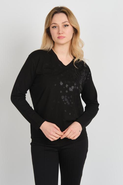 Kadın V Yaka Desenli Uzun Kol Bluz 24579 Siyah