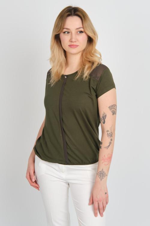 Kadın Sırt ve Omzu Tül Detaylı Beli Lastikli Bisiklet Yaka Bluz 23064 Haki