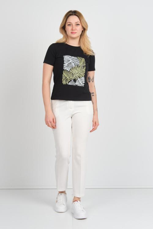 Kadın Baskı Desenli Kısa Kollu Pamuklu Bluz 24099 Siyah