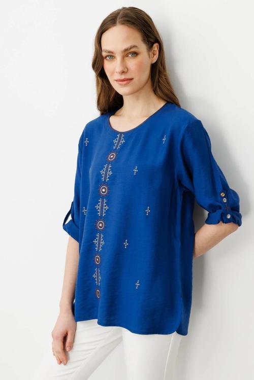 Kadın Sıfır Yaka Önü Nakışlı Bluz 25773 Indigo
