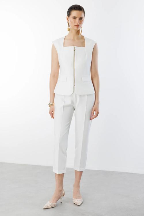 Kadın Yandan Cepli Duble Paça Pantolon 6524 Ekru