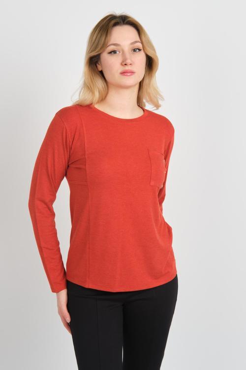 Kadın Tek Cepli Bisiklet Yaka Uzun Kol Bluz 24525 Kiremit