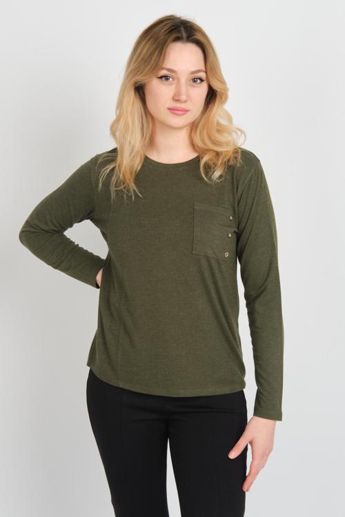 Kadın Tek Cepli Bisiklet Yaka Uzun Kol Bluz 24525 Haki