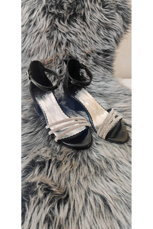 Siyah Simli Üç Taşlı Kız Çocuk Topuklu Ayakkabı