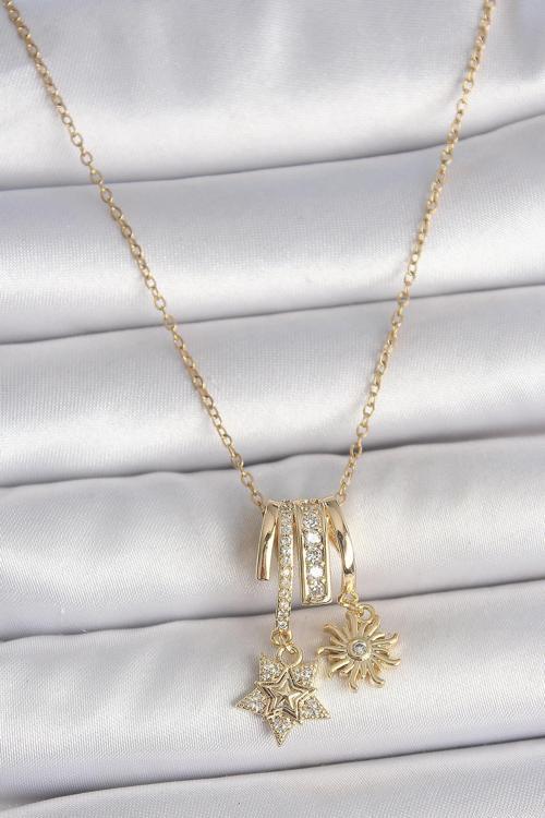 Çelik Gold Renk Sallantı Zirkon Taşlı Yıldız Güneş Figür Kadın Kolye