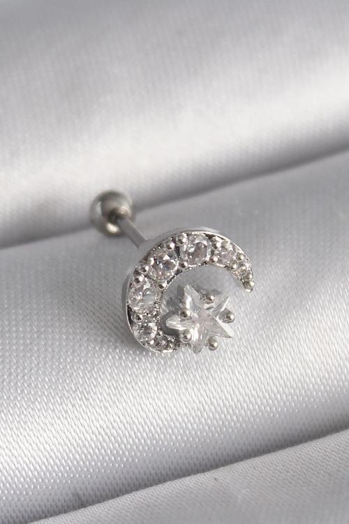 Çelik Gümüş Renk Zirkon Taşlı Ay Yıldız Tragus Piercing