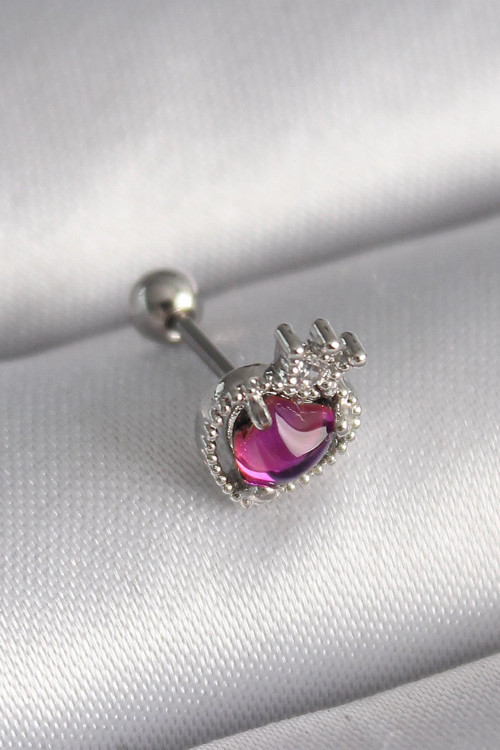 Çelik Gümüş Renk Pembe Mineli Kalp Zirkon Taş Detaylı Taç Tragus Piercing