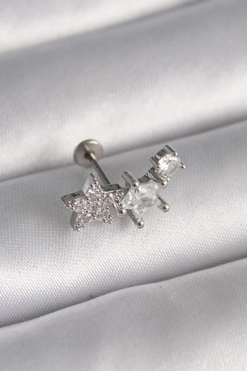 Çelik Gümüş Renk Zirkon Taşlı Yıldız Model Tragus Piercing