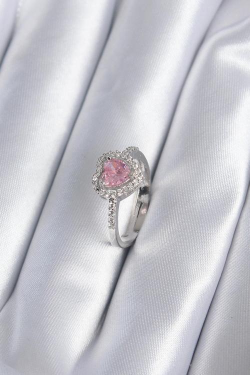 Pirinç Gümüş Renk Pembe Zirkon Taş Kalp Model Kadın Yüzük
