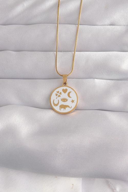 Çelik Gold Renk Beyaz Mineli Karışık Figürlü Tarot Kolye
