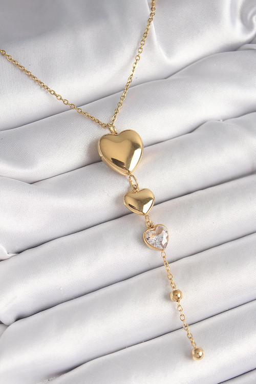 Çelik Gold Renk Sallantı Kalp Model Zirkon Taş Detaylı Kadın Kolye