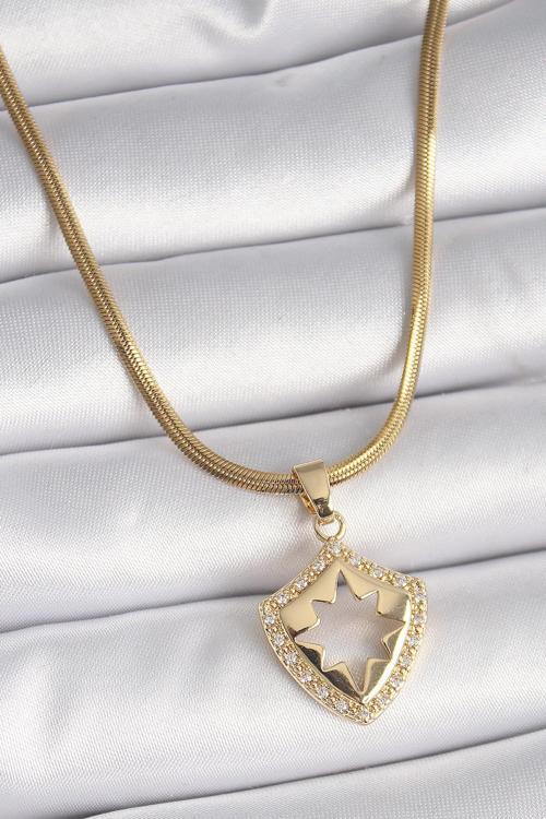 Çelik Gold Renk İtalyan Zincir Zirkon Taşlı Kutup Yıldız İşleme Kadın Kolye